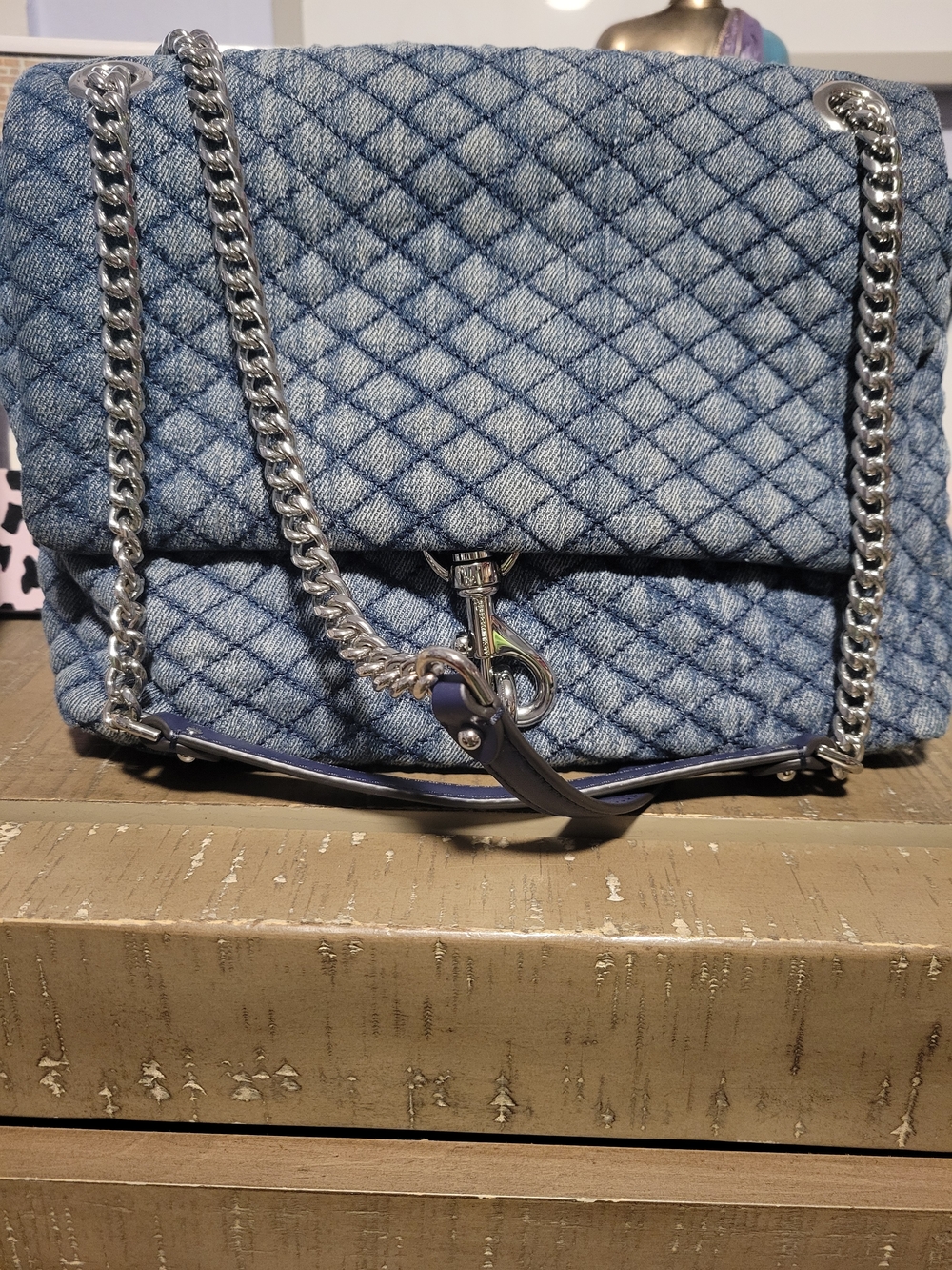 Rebecca Minkoff Quilted Denim Shoulder Bag with Silver Chain